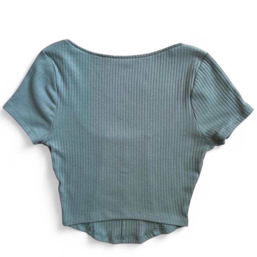 Sage Green Ribbed Scoop Neck Crop Top Fitted Women’s Small - Picture 2 of 3